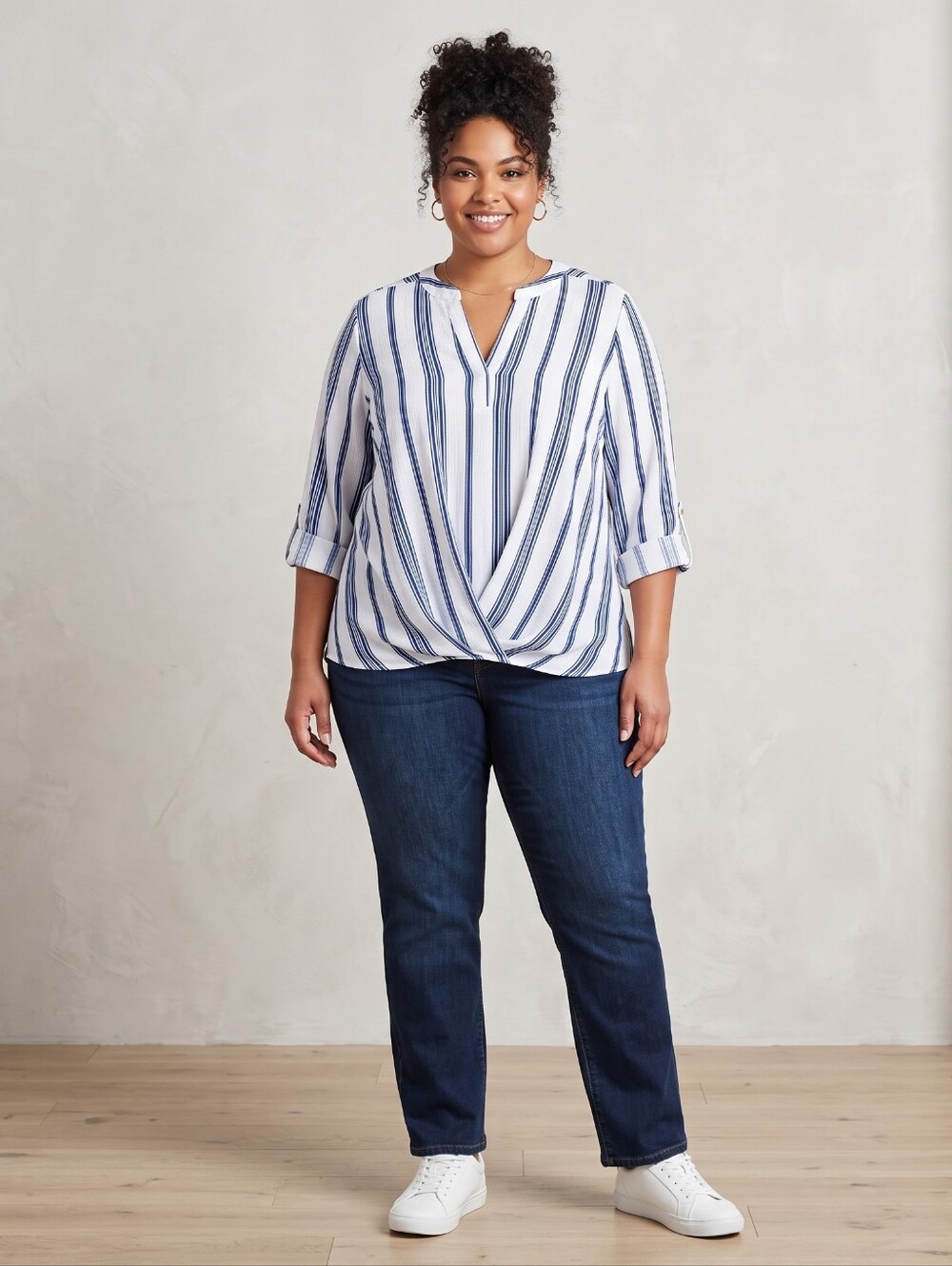 Striped V-Neck Wrap Front Tunic - White & Navy
